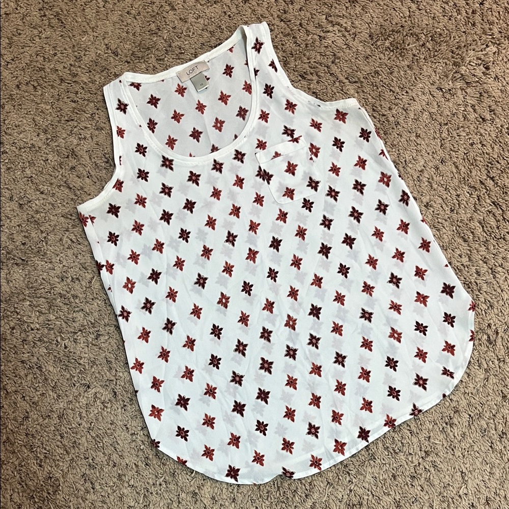 NWOT LOFT White Tank Top with Rust and Brown Star Floral Print